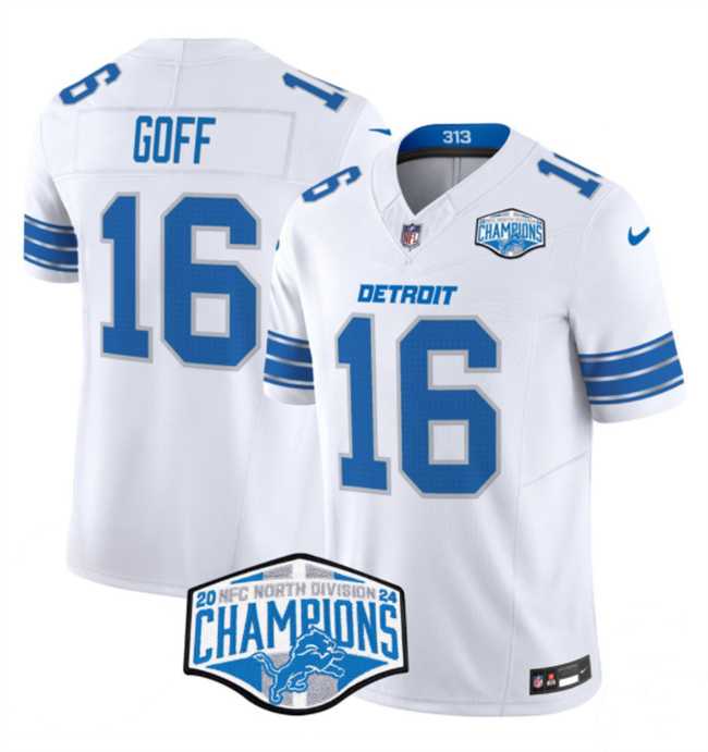 Mens Detroit Lions #16 Jared Goff White 2024 NFC North Champions F.U.S.E. Vapor Limited Stitched Jersey